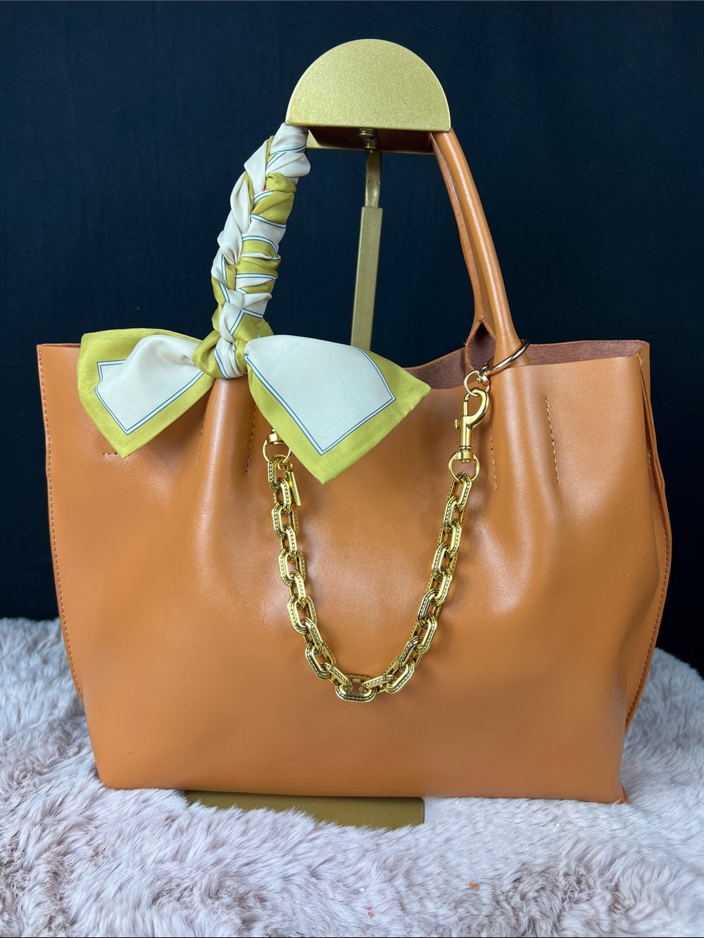 COLAB 100% Leather Cognac Tote Bag Suede Interior Shopper Carryall EUC